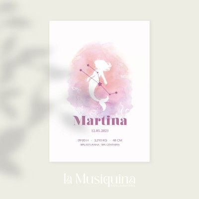 Lámina de nacimiento personalizada diseño sirena | Acuarela A3 Lámina de nacimiento personalizada diseño sirena | Acuarela A3