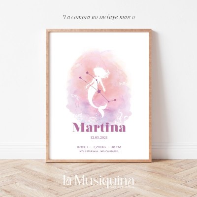 Lámina de nacimiento personalizada diseño sirena | Acuarela A3 Lámina de nacimiento personalizada diseño sirena | Acuarela A3
