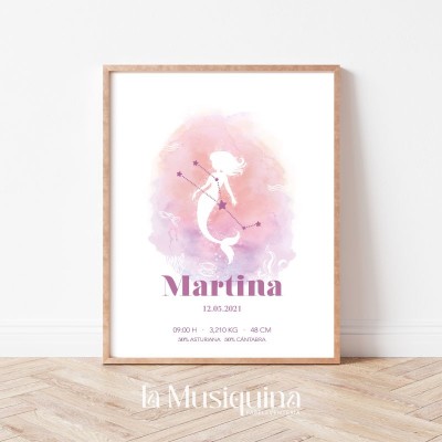 Lámina de nacimiento personalizada diseño sirena | Acuarela A3